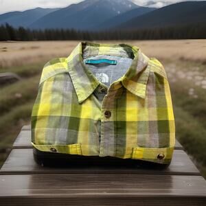 The North Face Plaid Flannel Shirt Yellow Green Gray Cotton Mens M Long Sleeve